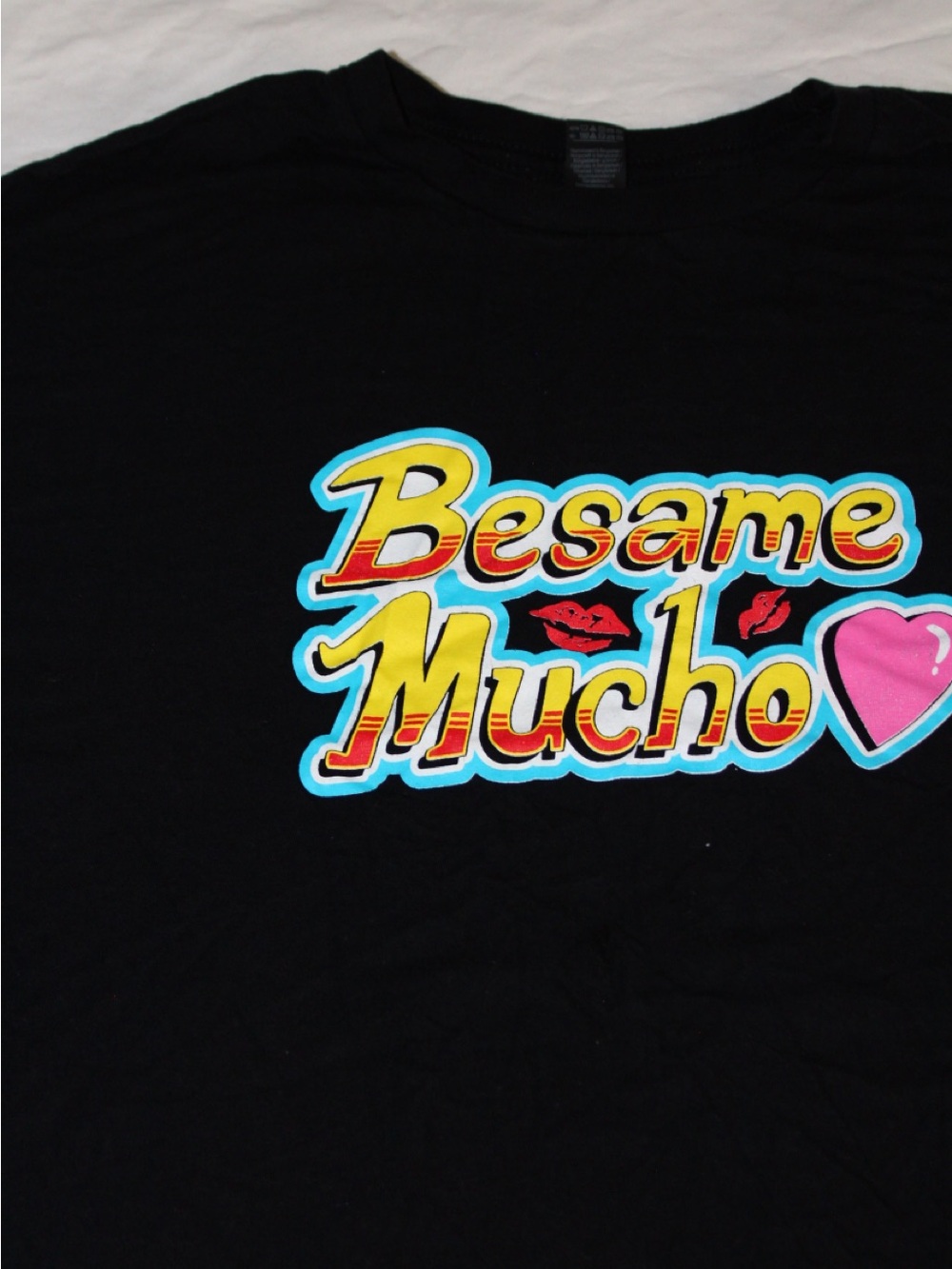 Gildan Black Tee with Yellow, Pink & Red 'Besame Mucho' Graphic
